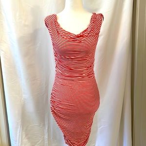 Red white striped ruched dress - size 6